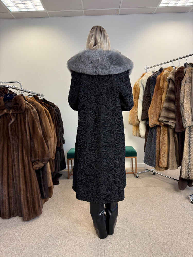 Black Astrakhan with Fox Fur Coat, Medium Size, Real Fur Coat, Astrakhan Fur Coat, Vintage Fur Coat, Black Fur Coat, Grey Fox Coat, Fox Fur