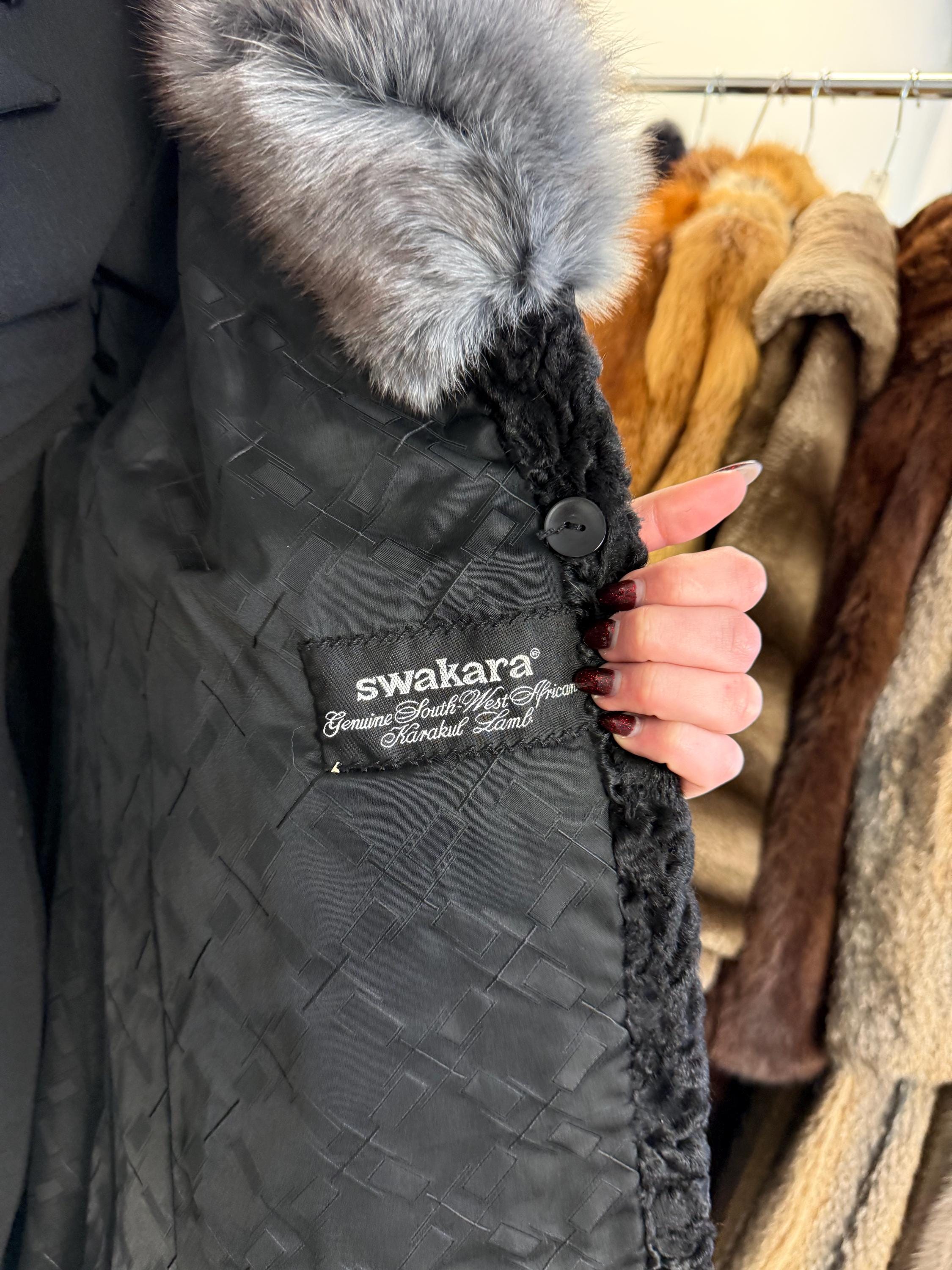 Black Astrakhan with Fox Fur Coat, Medium Size, Real Fur Coat, Astrakhan Fur Coat, Vintage Fur Coat, Black Fur Coat, Grey Fox Coat, Fox Fur