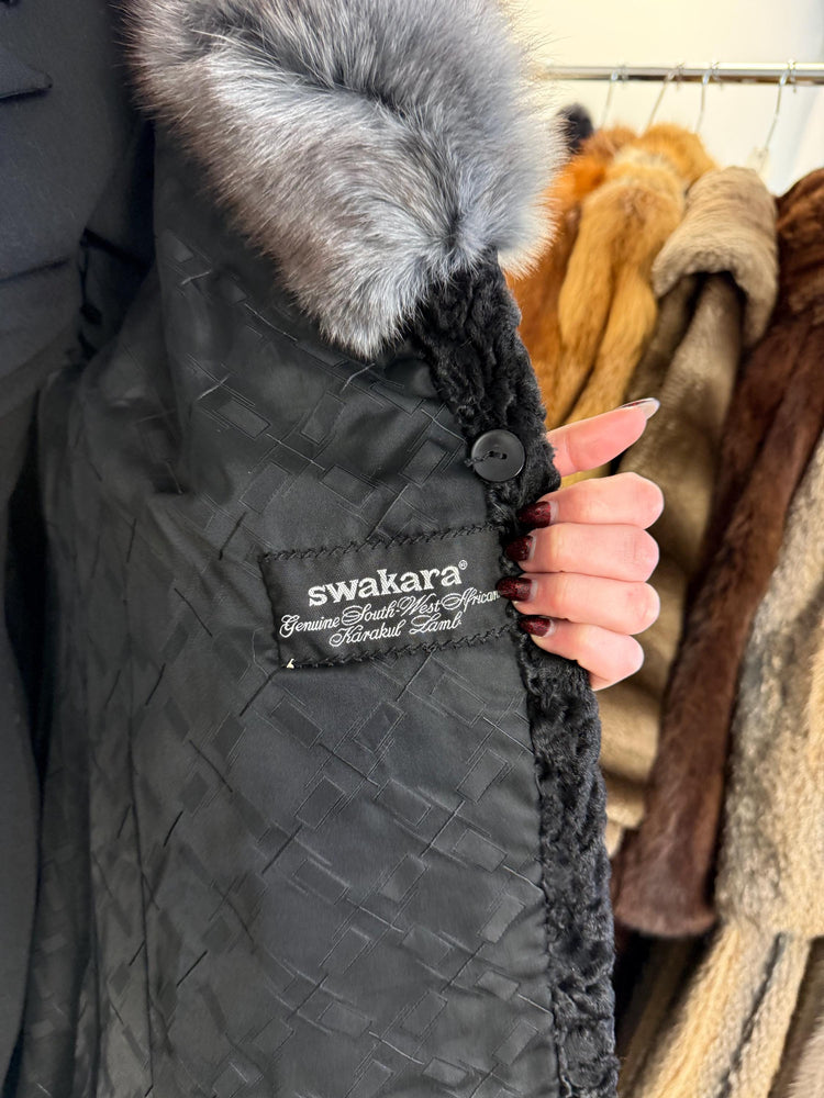 Black Astrakhan with Fox Fur Coat, Medium Size, Real Fur Coat, Astrakhan Fur Coat, Vintage Fur Coat, Black Fur Coat, Grey Fox Coat, Fox Fur