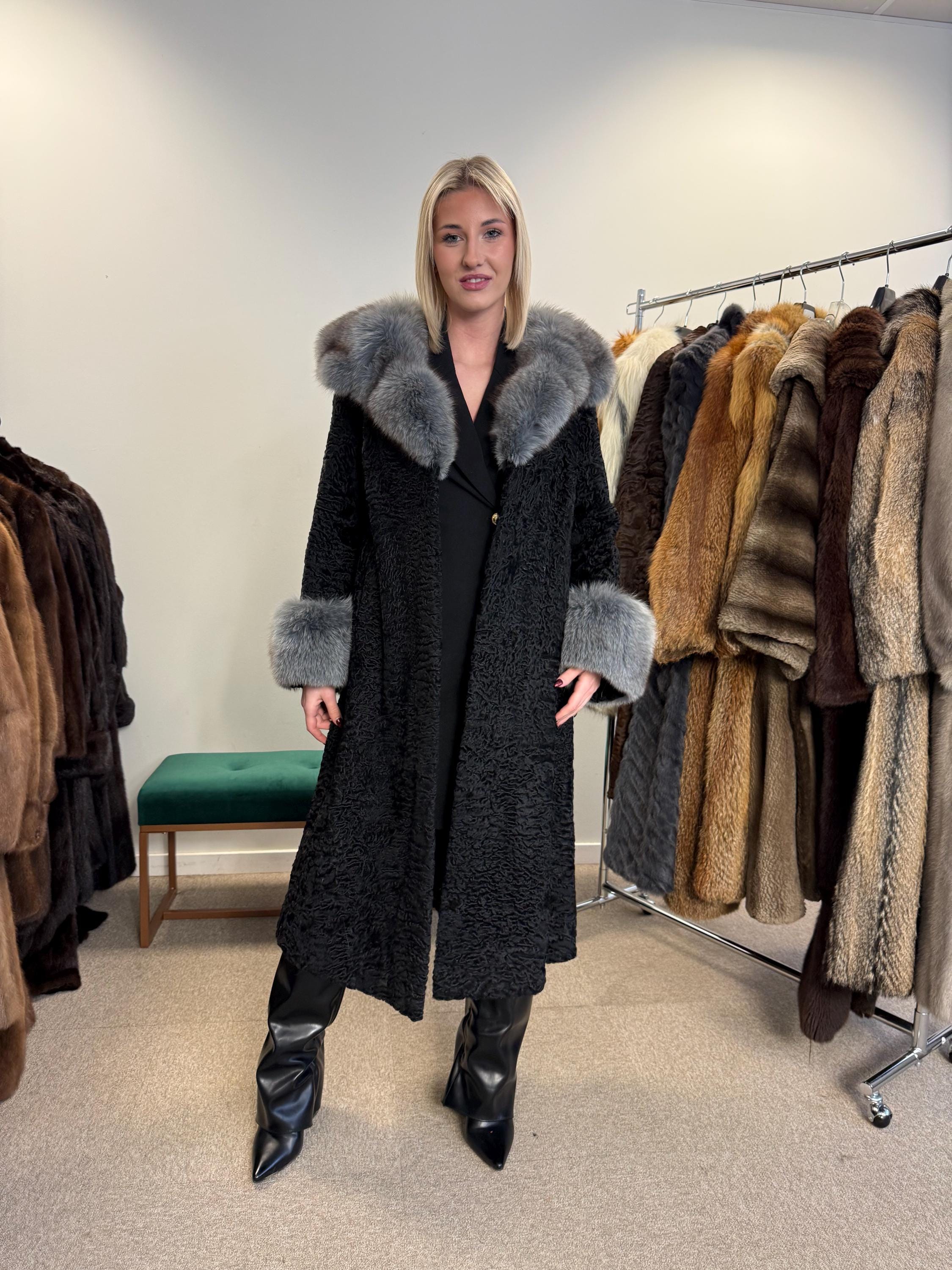 Black Astrakhan with Fox Fur Coat, Medium Size, Real Fur Coat, Astrakhan Fur Coat, Vintage Fur Coat, Black Fur Coat, Grey Fox Coat, Fox Fur