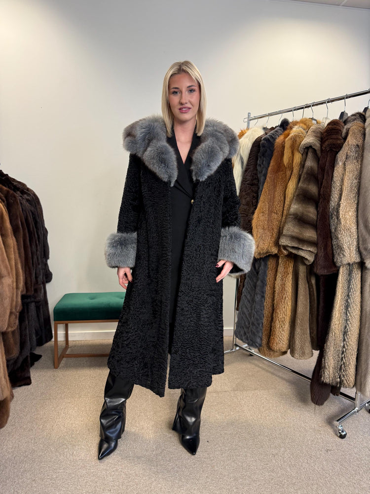 Black Astrakhan with Fox Fur Coat, Medium Size, Real Fur Coat, Astrakhan Fur Coat, Vintage Fur Coat, Black Fur Coat, Grey Fox Coat, Fox Fur