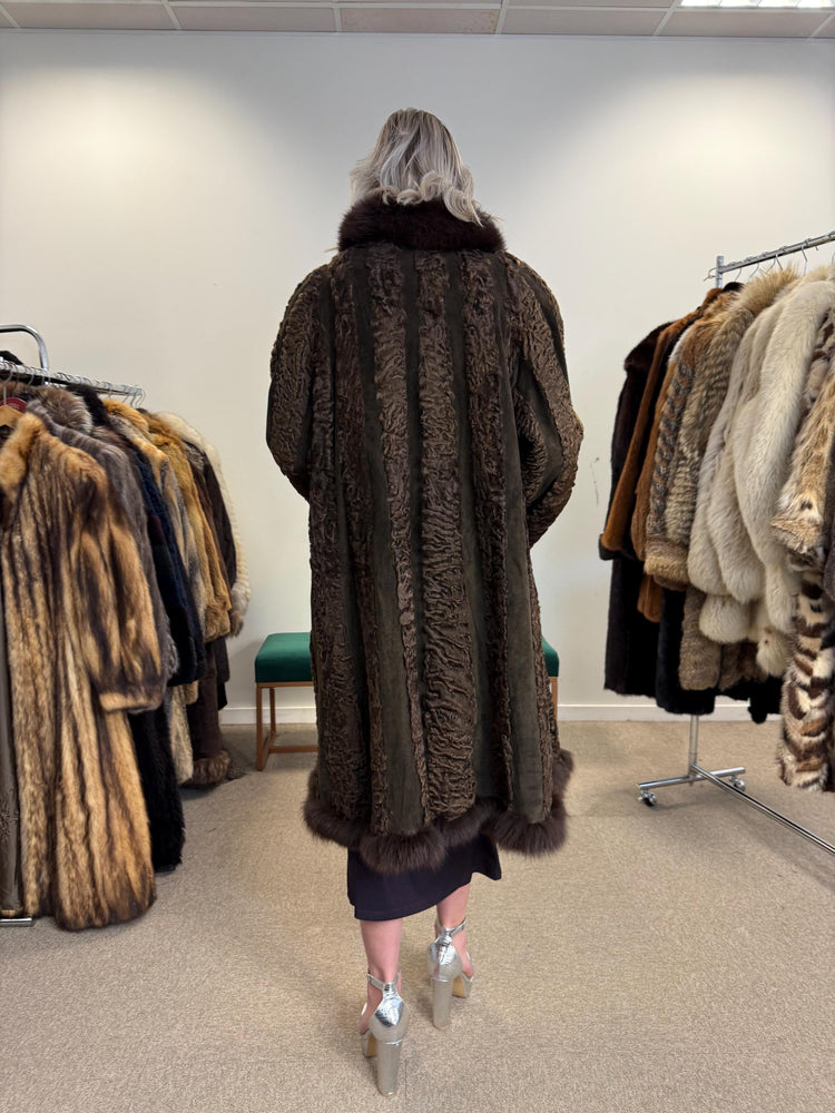 Brown Astrakhan with Fox Fur Collar, XL Size, Astrakhan Fur Coat, Vintage Fur Coat, Swinger Fur Coat, Thick Fur Coat, Long Astrakhan Coat