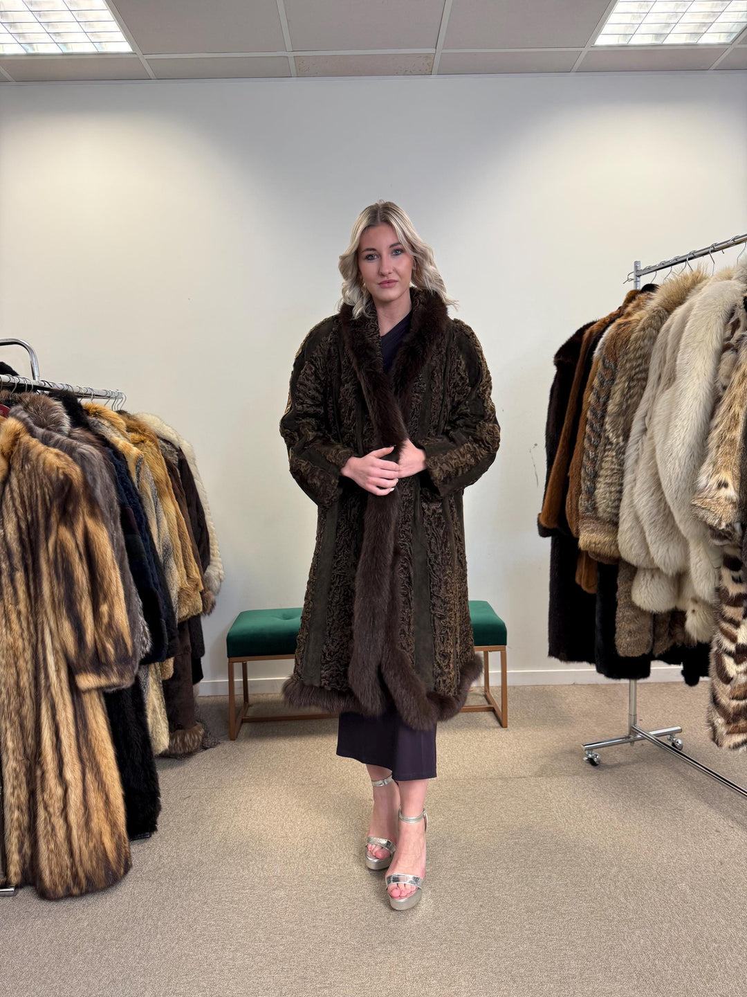 Brown Astrakhan with Fox Fur Collar, XL Size, Astrakhan Fur Coat, Vintage Fur Coat, Swinger Fur Coat, Thick Fur Coat, Long Astrakhan Coat