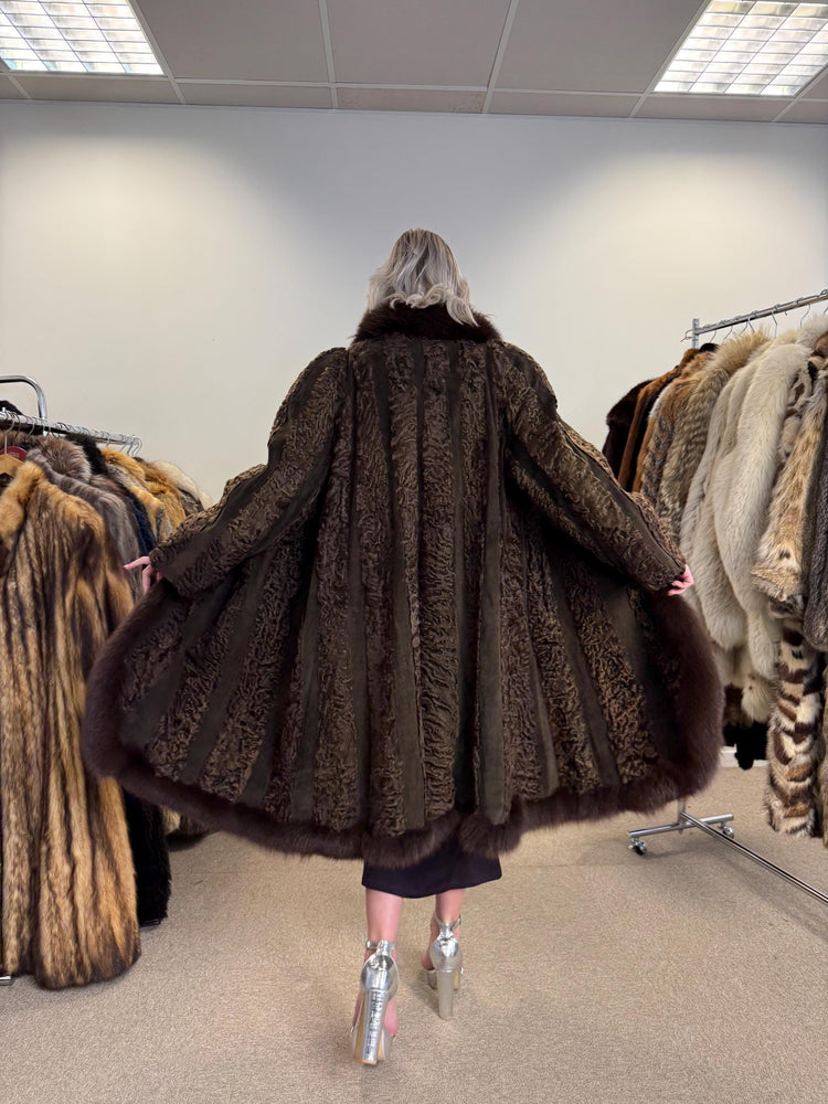 Brown Astrakhan with Fox Fur Collar, XL Size, Astrakhan Fur Coat, Vintage Fur Coat, Swinger Fur Coat, Thick Fur Coat, Long Astrakhan Coat