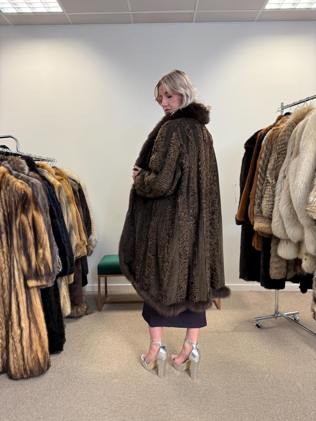 Brown Astrakhan with Fox Fur Collar, XL Size, Astrakhan Fur Coat, Vintage Fur Coat, Swinger Fur Coat, Thick Fur Coat, Long Astrakhan Coat
