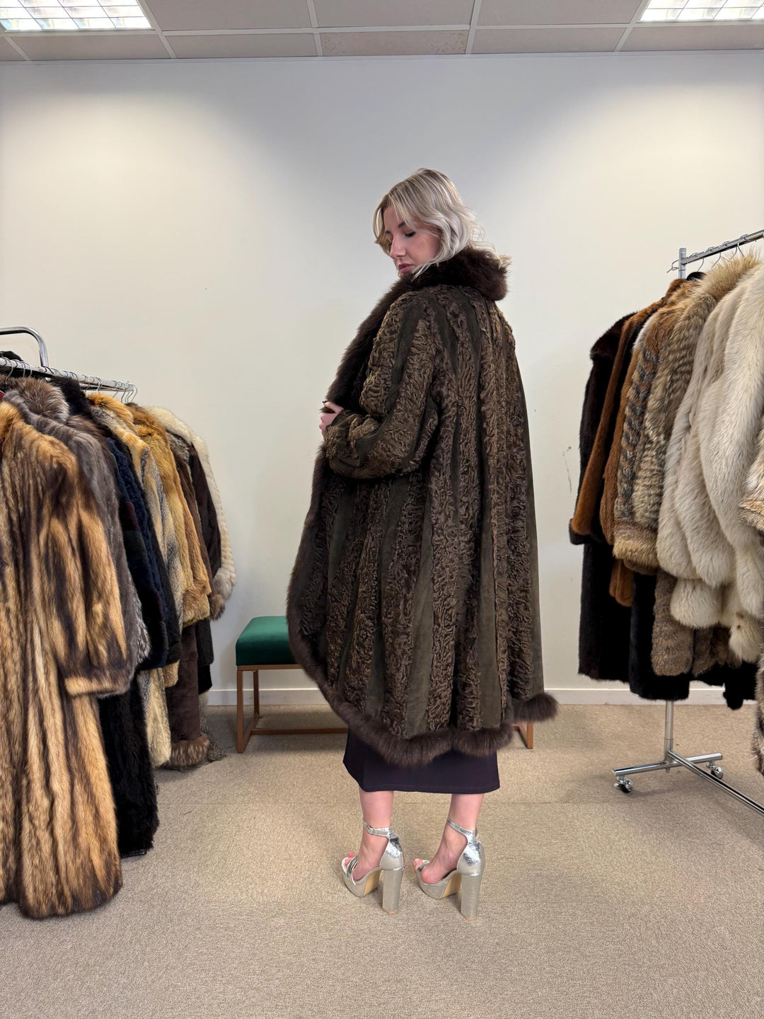 Brown Astrakhan with Fox Fur Collar, XL Size, Astrakhan Fur Coat, Vintage Fur Coat, Swinger Fur Coat, Thick Fur Coat, Long Astrakhan Coat