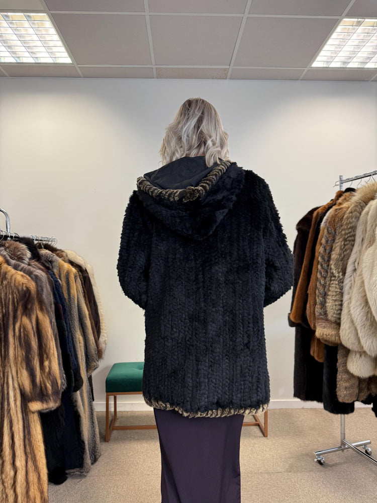 Sheared Rex Rabbit Fur Coat, Small Size, Black Rabbit Fur Coat, Hooded Rabbit Fur Coat, Vintage Fur Coat, Women's Fur Coat, Real Rabbit Fur