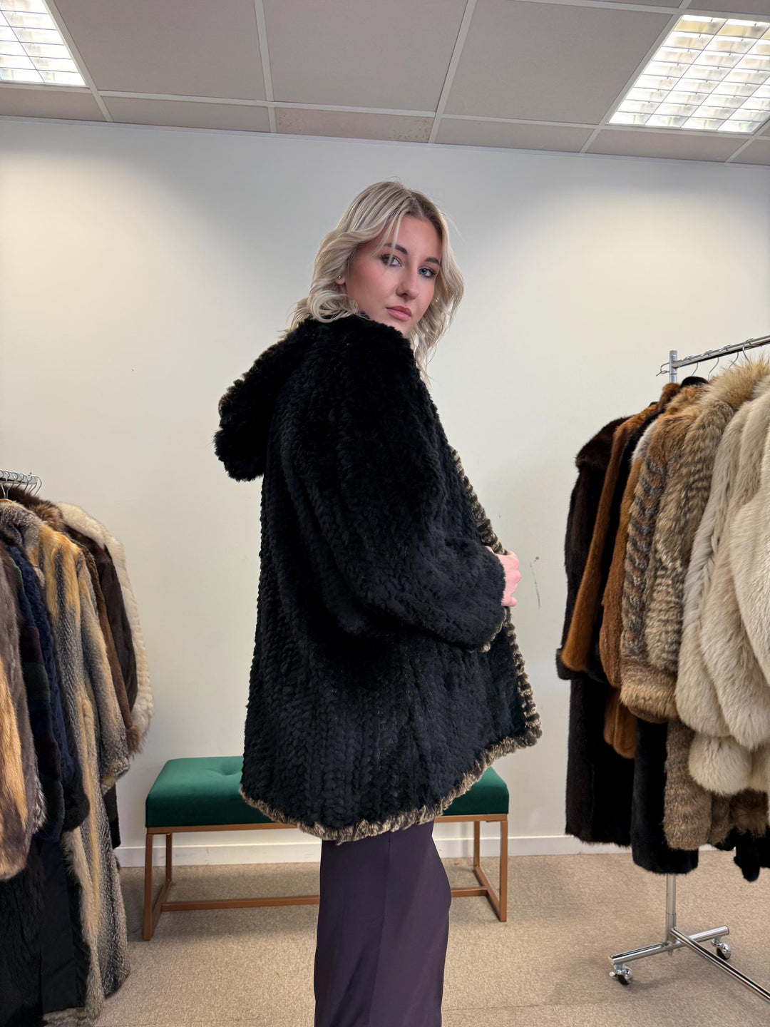 Sheared Rex Rabbit Fur Coat, Small Size, Black Rabbit Fur Coat, Hooded Rabbit Fur Coat, Vintage Fur Coat, Women's Fur Coat, Real Rabbit Fur