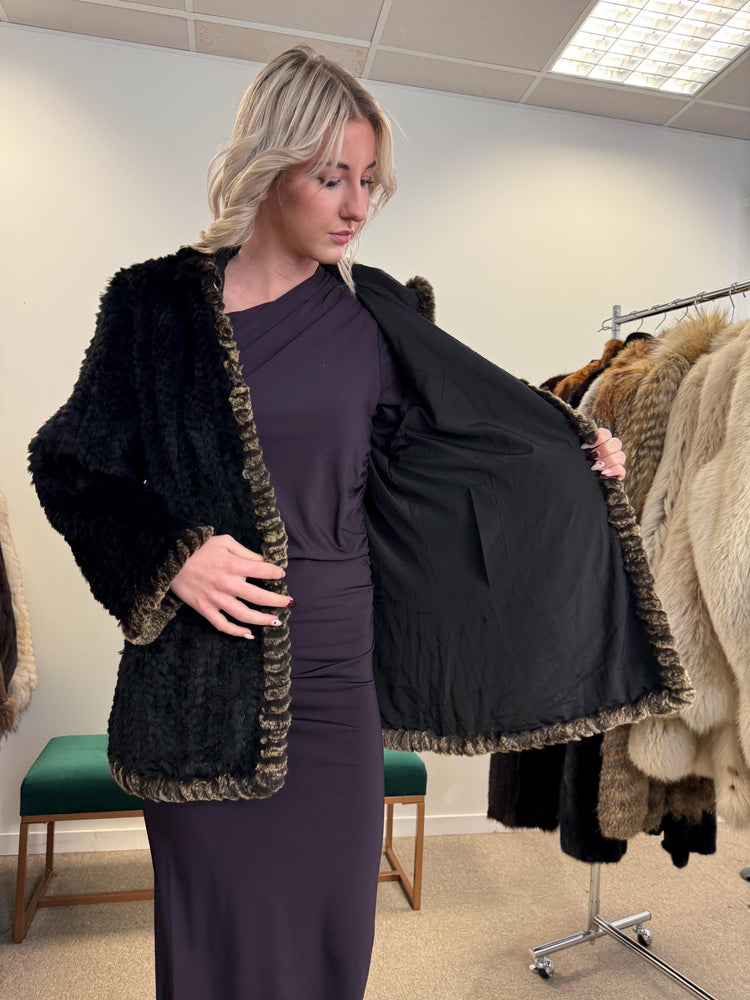 Sheared Rex Rabbit Fur Coat, Small Size, Black Rabbit Fur Coat, Hooded Rabbit Fur Coat, Vintage Fur Coat, Women's Fur Coat, Real Rabbit Fur