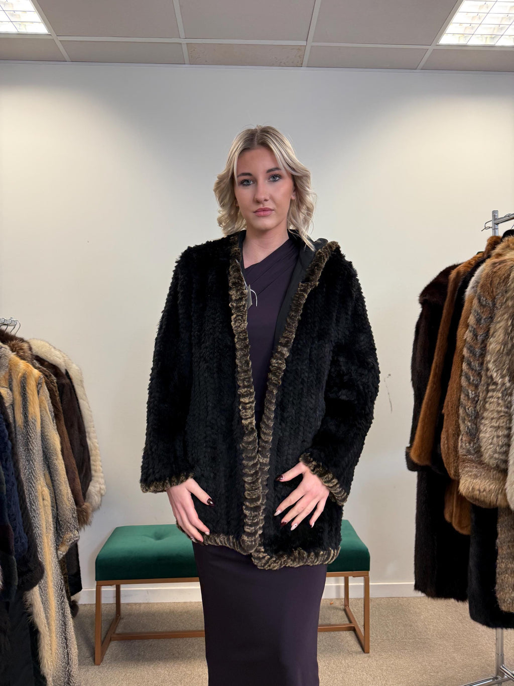 Sheared Rex Rabbit Fur Coat, Small Size, Black Rabbit Fur Coat, Hooded Rabbit Fur Coat, Vintage Fur Coat, Women's Fur Coat, Real Rabbit Fur