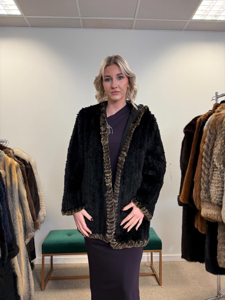 Sheared Rex Rabbit Fur Coat, Small Size, Black Rabbit Fur Coat, Hooded Rabbit Fur Coat, Vintage Fur Coat, Women's Fur Coat, Real Rabbit Fur