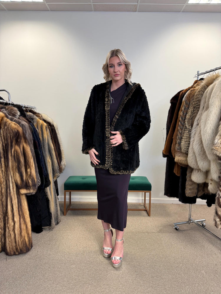 Sheared Rex Rabbit Fur Coat, Small Size, Black Rabbit Fur Coat, Hooded Rabbit Fur Coat, Vintage Fur Coat, Women's Fur Coat, Real Rabbit Fur