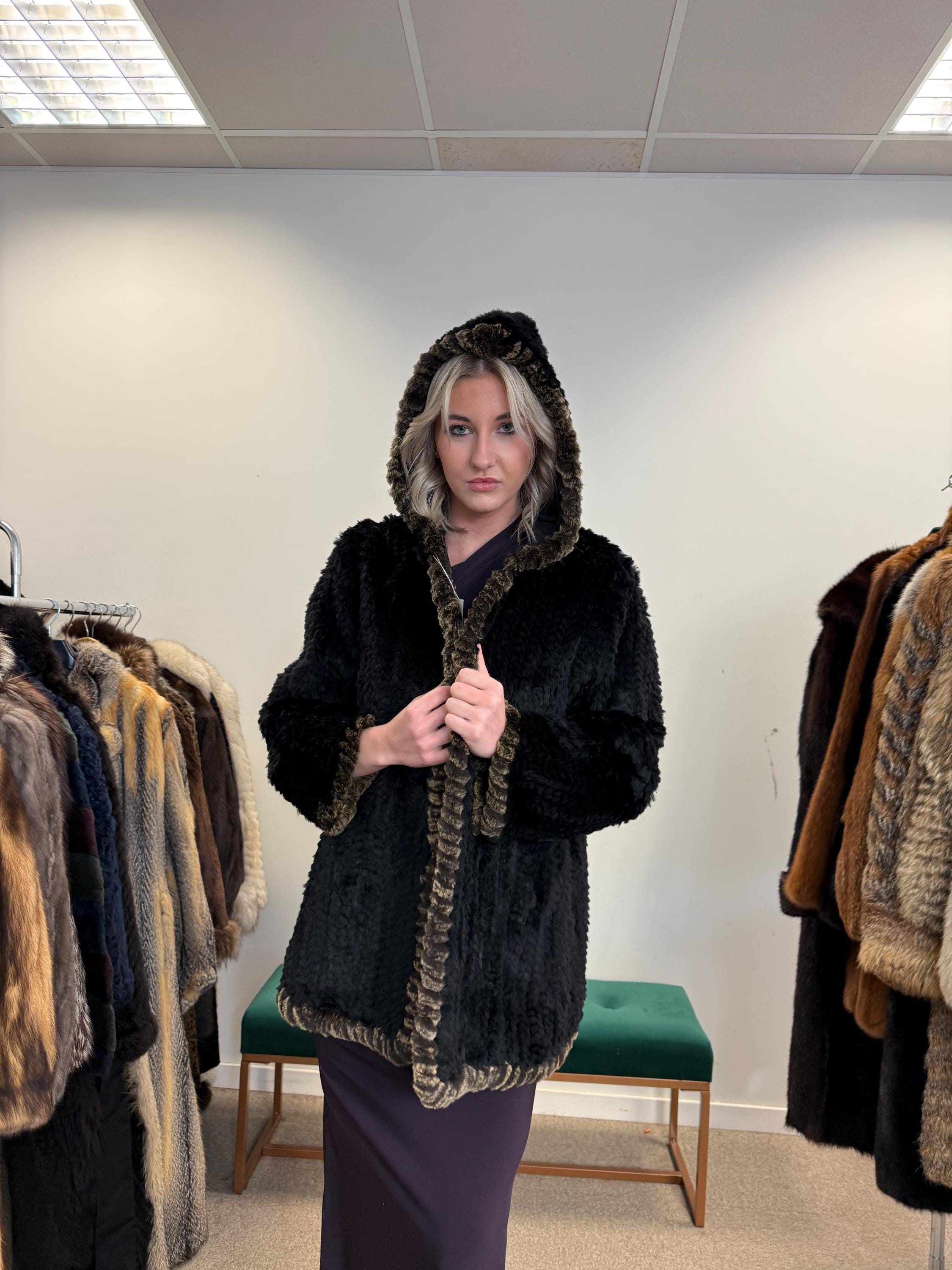 Sheared Rex Rabbit Fur Coat, Small Size, Black Rabbit Fur Coat, Hooded Rabbit Fur Coat, Vintage Fur Coat, Women's Fur Coat, Real Rabbit Fur