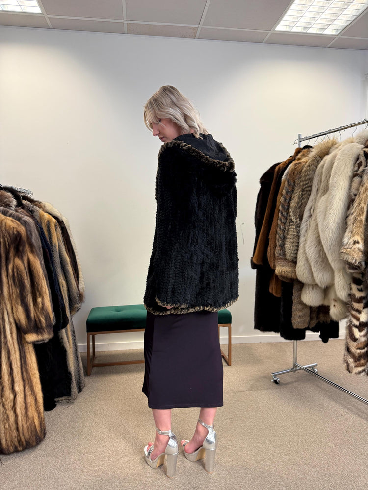 Sheared Rex Rabbit Fur Coat, Small Size, Black Rabbit Fur Coat, Hooded Rabbit Fur Coat, Vintage Fur Coat, Women's Fur Coat, Real Rabbit Fur