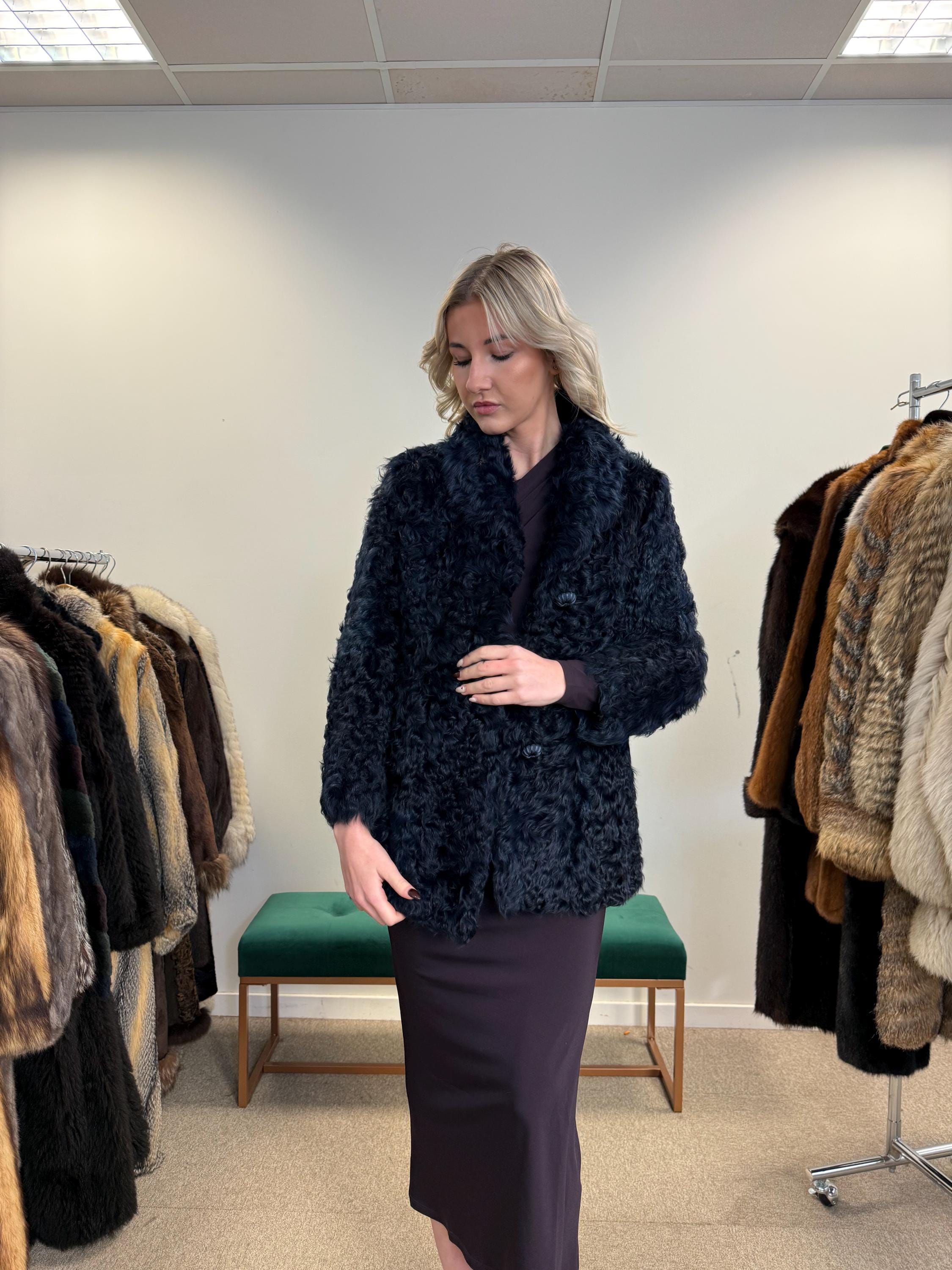 Curly Sheep Fur Jacket, Small Size, Dyed Blue Fur Jacket, Sheep Jacket, Real Fur Coat, Vintage Fur Jacket, Women's Fur Coat, Blue Fur Jacket