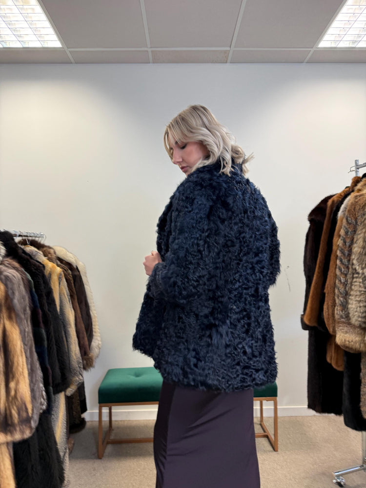 Curly Sheep Fur Jacket, Small Size, Dyed Blue Fur Jacket, Sheep Jacket, Real Fur Coat, Vintage Fur Jacket, Women's Fur Coat, Blue Fur Jacket