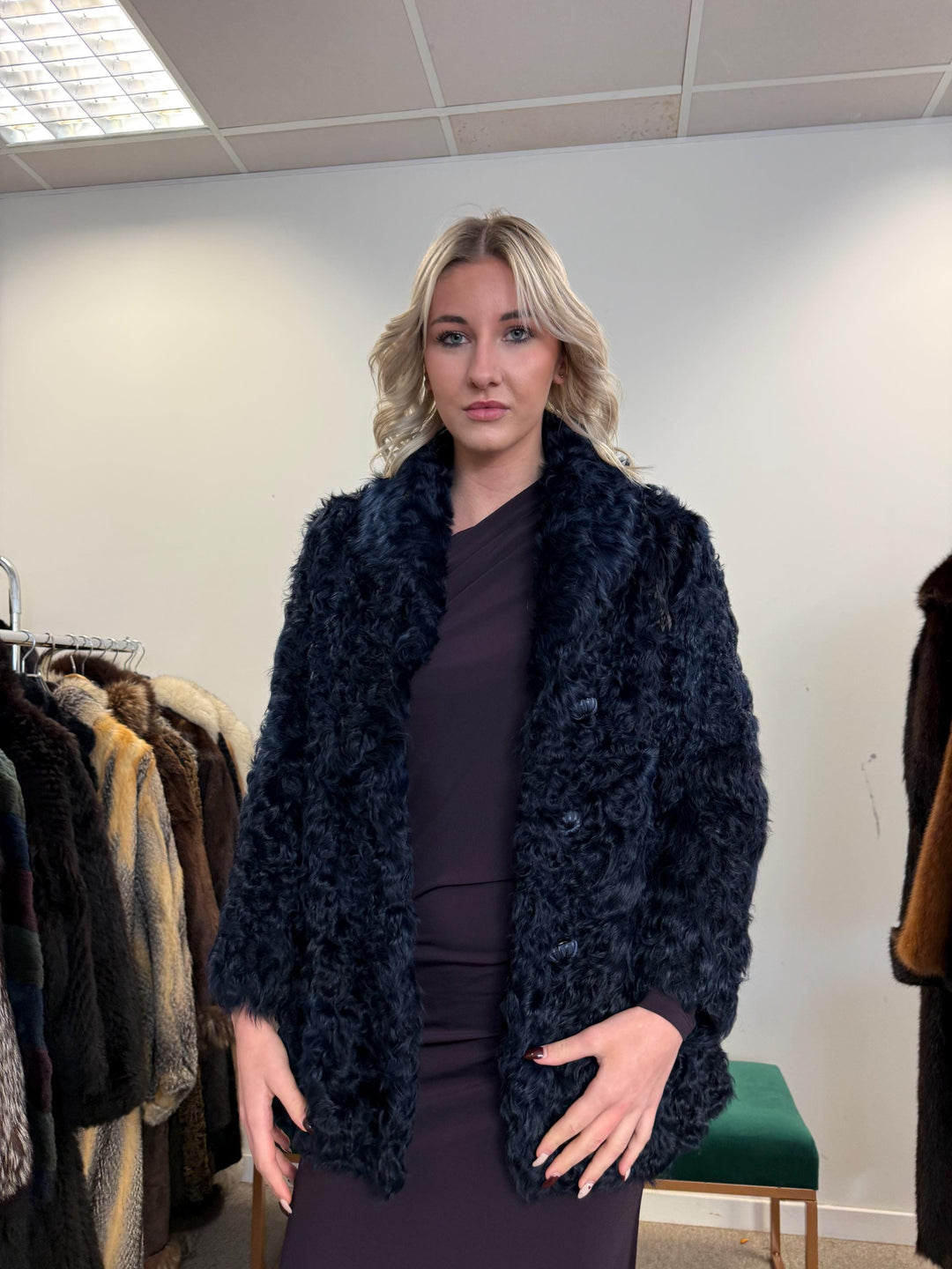 Curly Sheep Fur Jacket, Small Size, Dyed Blue Fur Jacket, Sheep Jacket, Real Fur Coat, Vintage Fur Jacket, Women's Fur Coat, Blue Fur Jacket