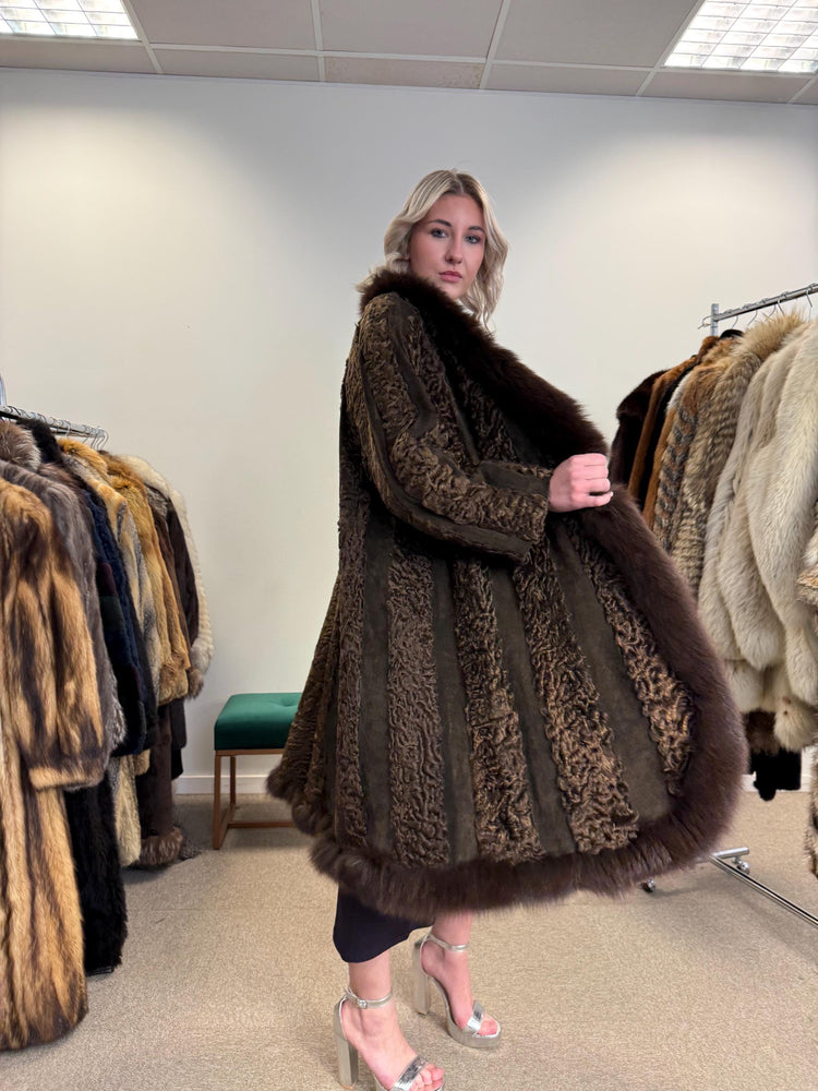 Brown Astrakhan with Fox Fur Collar, XL Size, Astrakhan Fur Coat, Vintage Fur Coat, Swinger Fur Coat, Thick Fur Coat, Long Astrakhan Coat