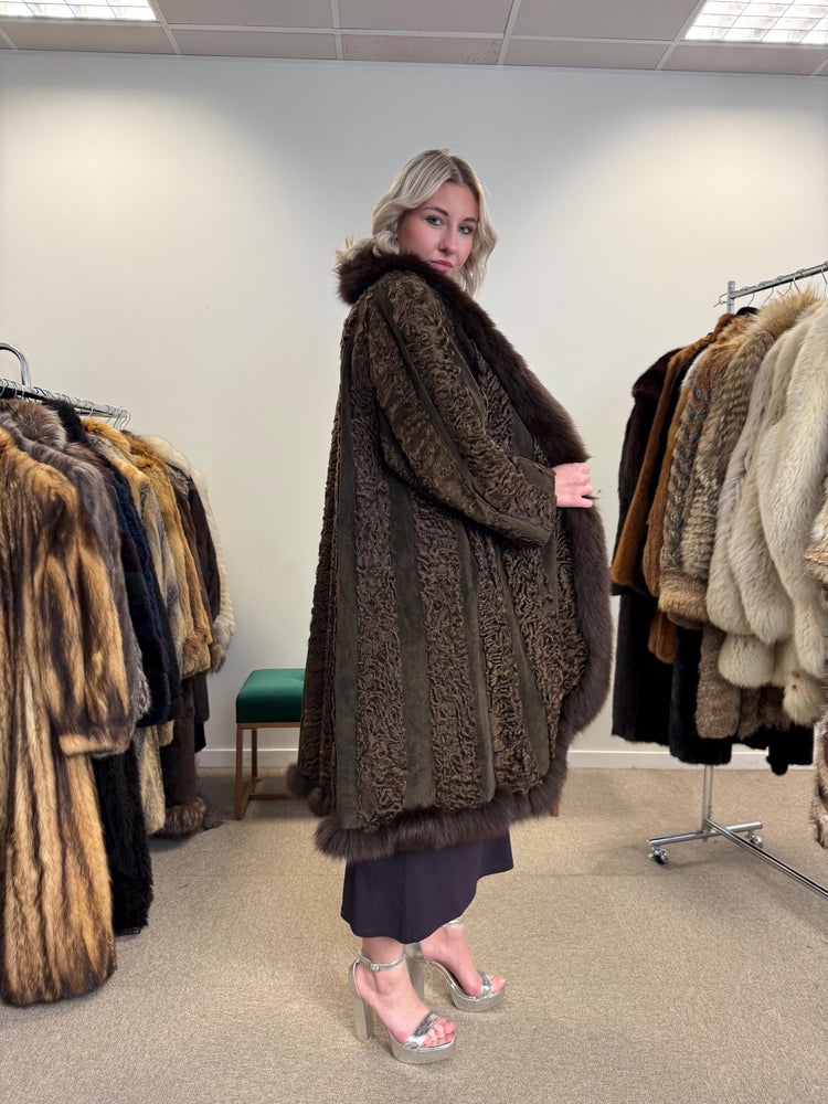 Brown Astrakhan with Fox Fur Collar, XL Size, Astrakhan Fur Coat, Vintage Fur Coat, Swinger Fur Coat, Thick Fur Coat, Long Astrakhan Coat