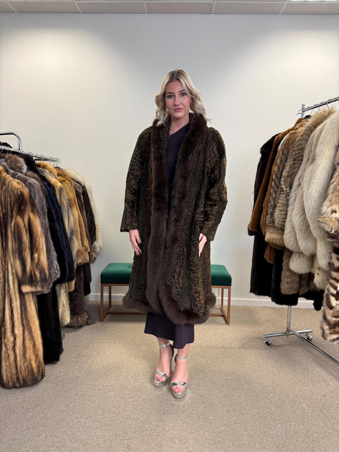 Brown Astrakhan with Fox Fur Collar, XL Size, Astrakhan Fur Coat, Vintage Fur Coat, Swinger Fur Coat, Thick Fur Coat, Long Astrakhan Coat