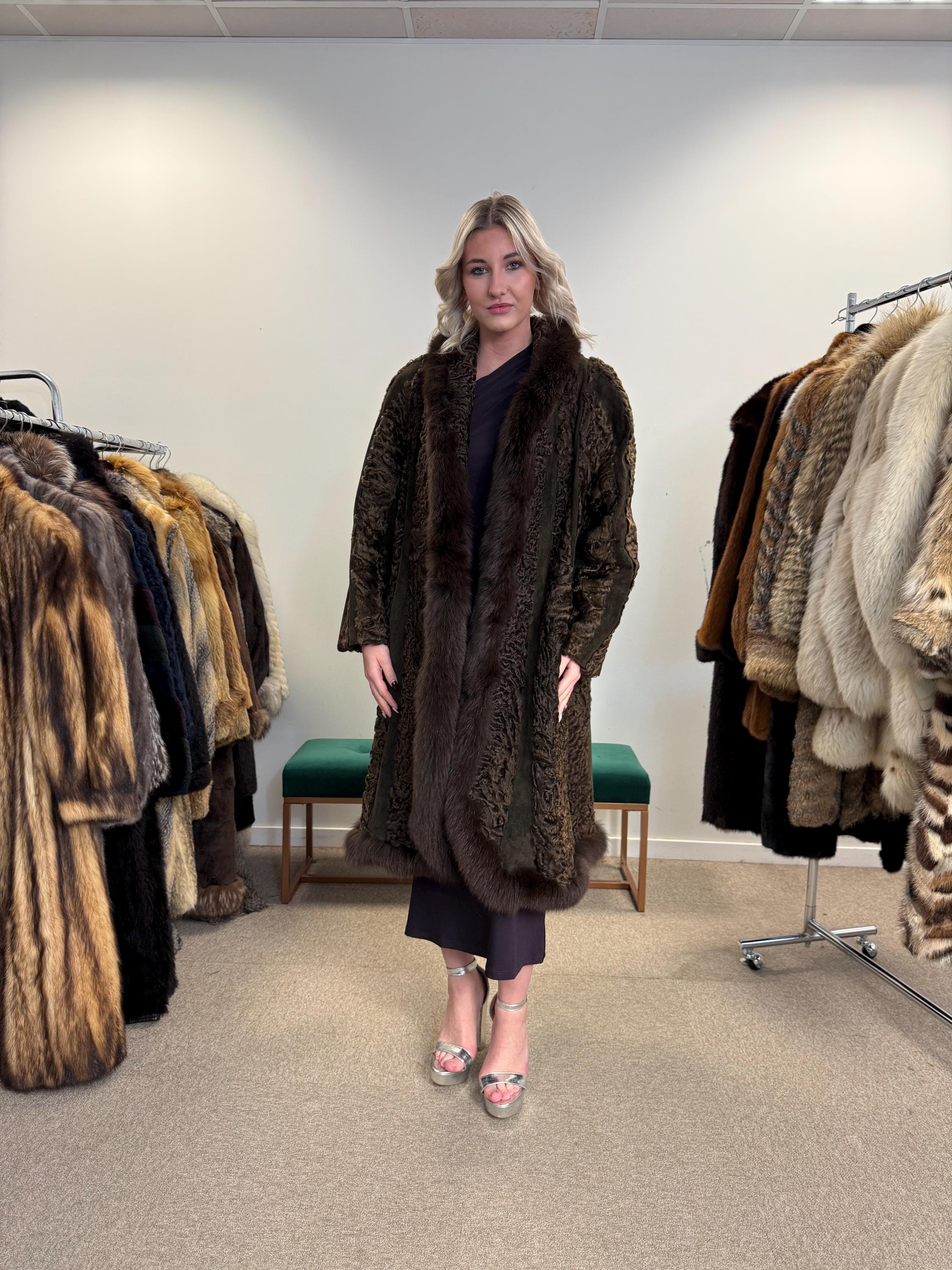 Brown Astrakhan with Fox Fur Collar, XL Size, Astrakhan Fur Coat, Vintage Fur Coat, Swinger Fur Coat, Thick Fur Coat, Long Astrakhan Coat