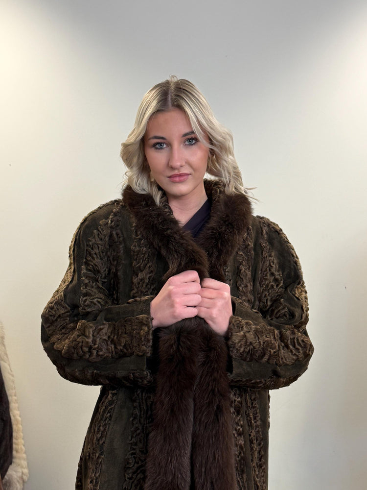 Brown Astrakhan with Fox Fur Collar, XL Size, Astrakhan Fur Coat, Vintage Fur Coat, Swinger Fur Coat, Thick Fur Coat, Long Astrakhan Coat