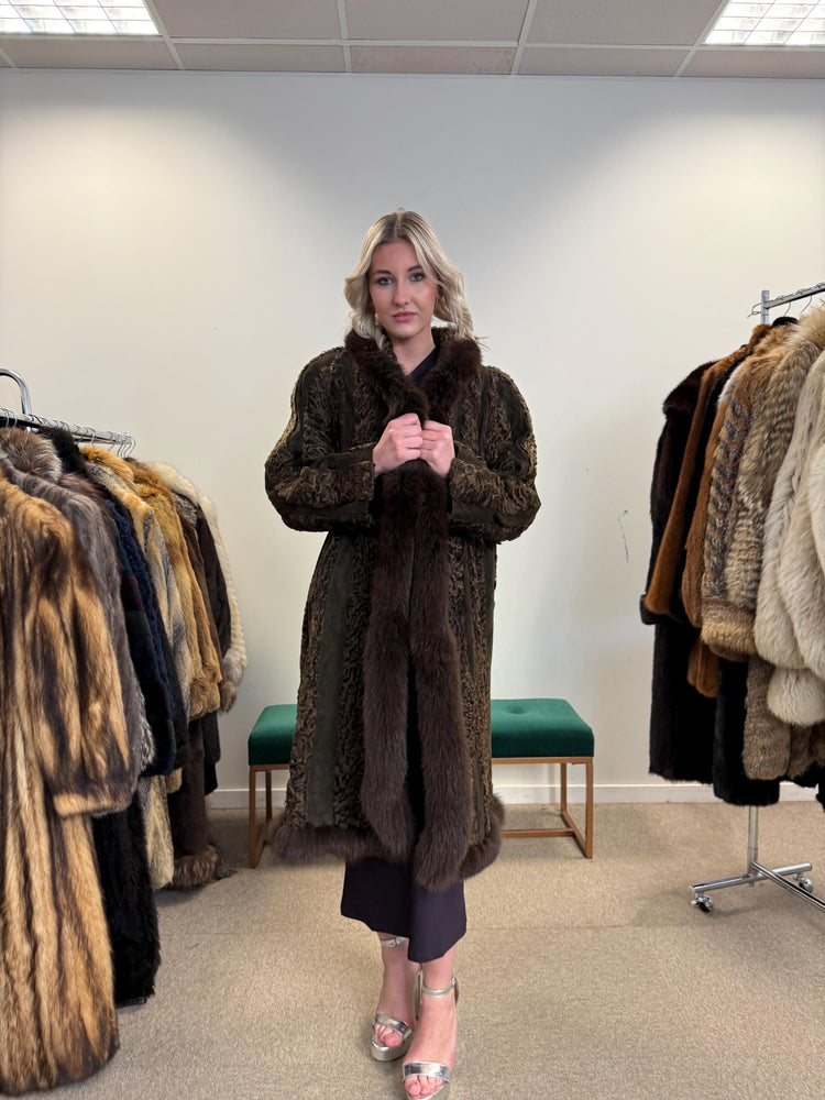 Brown Astrakhan with Fox Fur Collar, XL Size, Astrakhan Fur Coat, Vintage Fur Coat, Swinger Fur Coat, Thick Fur Coat, Long Astrakhan Coat