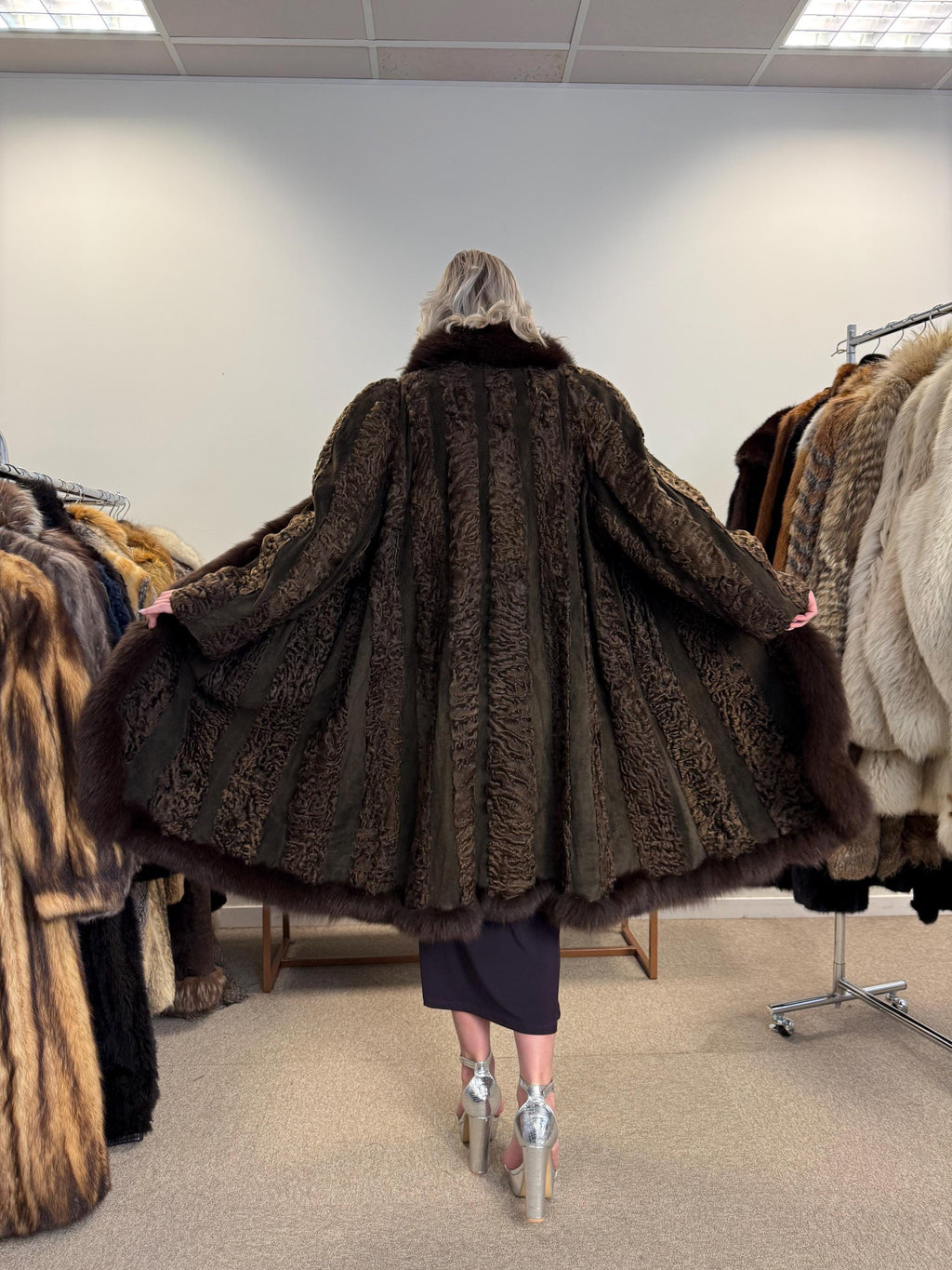 Brown Astrakhan with Fox Fur Collar, XL Size, Astrakhan Fur Coat, Vintage Fur Coat, Swinger Fur Coat, Thick Fur Coat, Long Astrakhan Coat