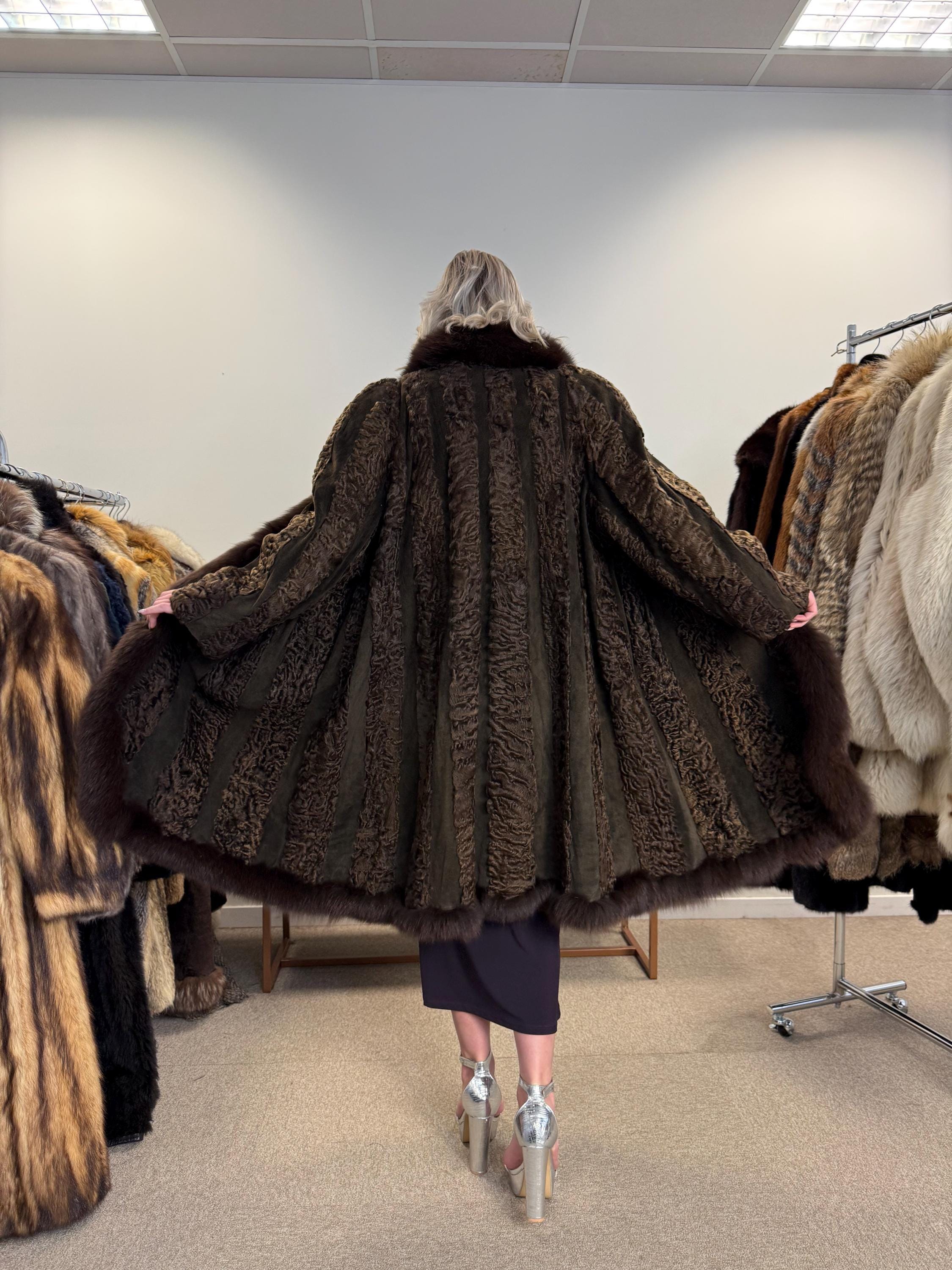 Brown Astrakhan with Fox Fur Collar, XL Size, Astrakhan Fur Coat, Vintage Fur Coat, Swinger Fur Coat, Thick Fur Coat, Long Astrakhan Coat