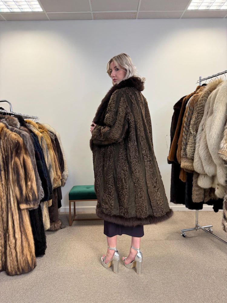 Brown Astrakhan with Fox Fur Collar, XL Size, Astrakhan Fur Coat, Vintage Fur Coat, Swinger Fur Coat, Thick Fur Coat, Long Astrakhan Coat