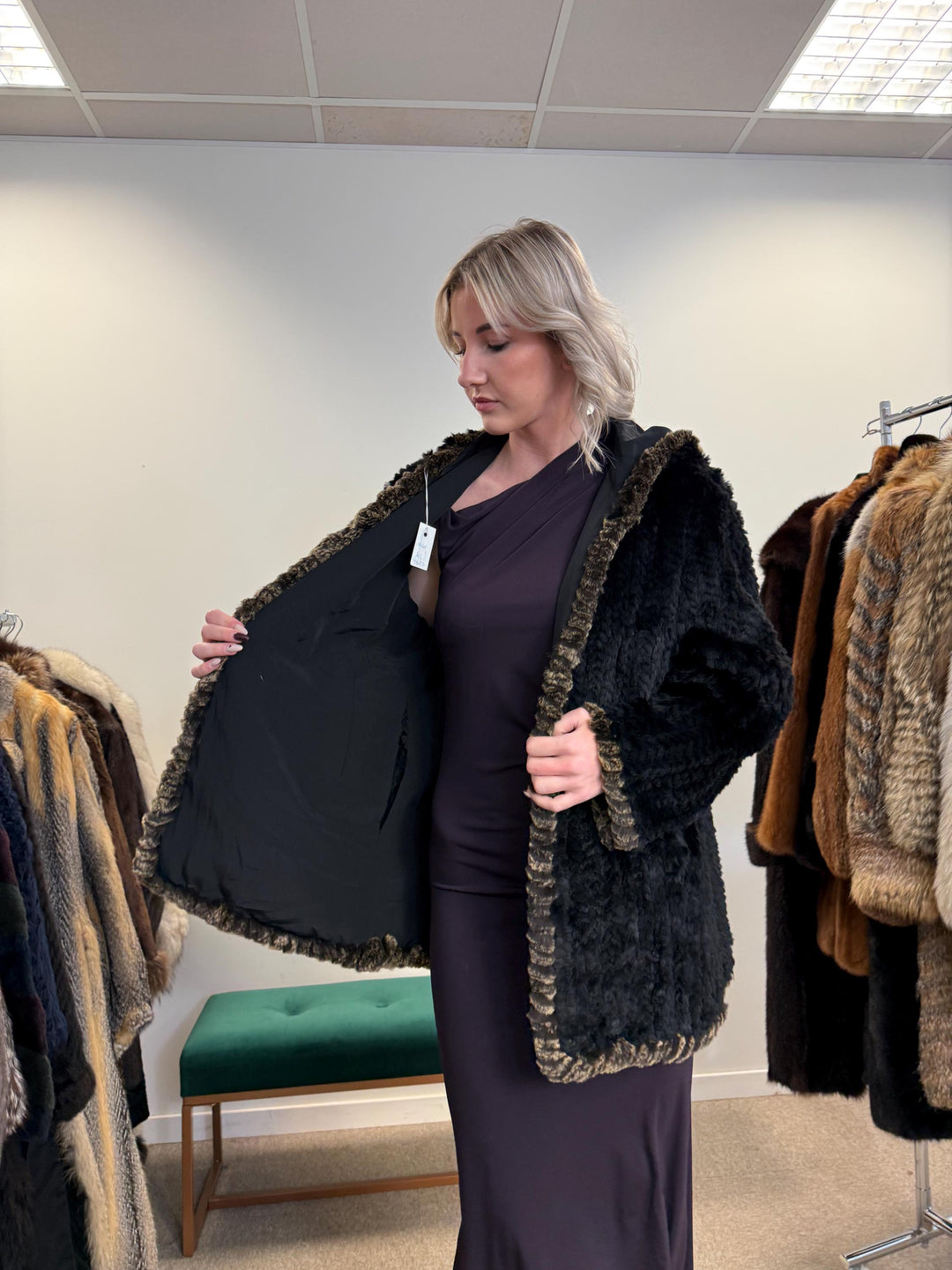 Sheared Rex Rabbit Fur Coat, Small Size, Black Rabbit Fur Coat, Hooded Rabbit Fur Coat, Vintage Fur Coat, Women's Fur Coat, Real Rabbit Fur