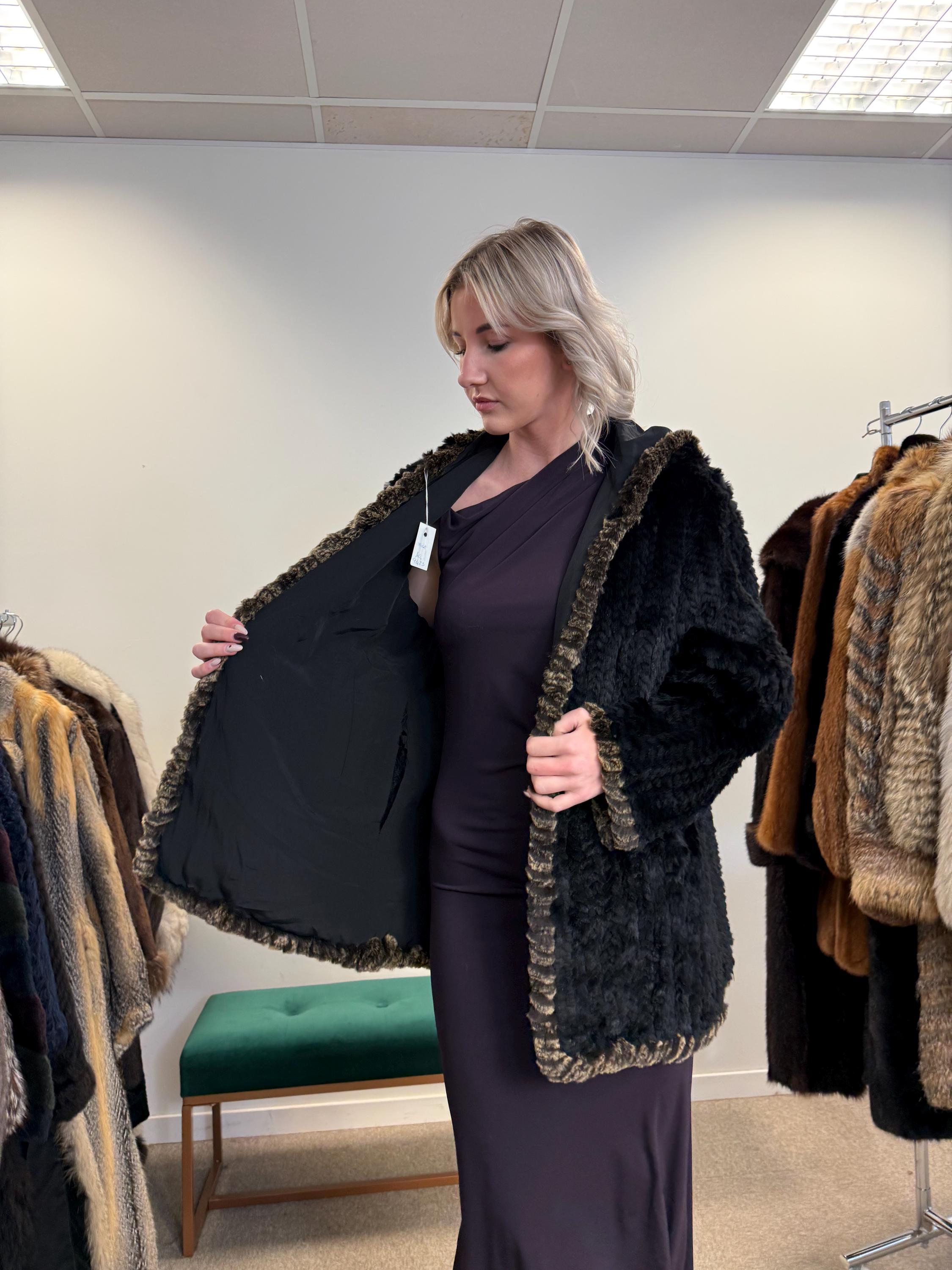 Sheared Rex Rabbit Fur Coat, Small Size, Black Rabbit Fur Coat, Hooded Rabbit Fur Coat, Vintage Fur Coat, Women's Fur Coat, Real Rabbit Fur