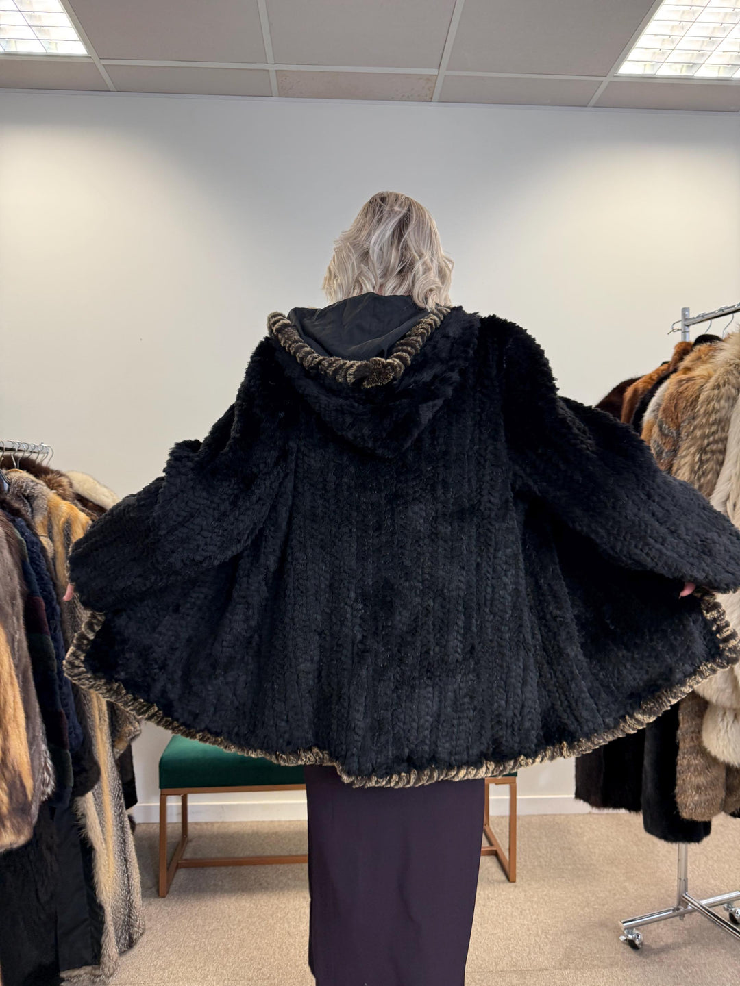Sheared Rex Rabbit Fur Coat, Small Size, Black Rabbit Fur Coat, Hooded Rabbit Fur Coat, Vintage Fur Coat, Women's Fur Coat, Real Rabbit Fur
