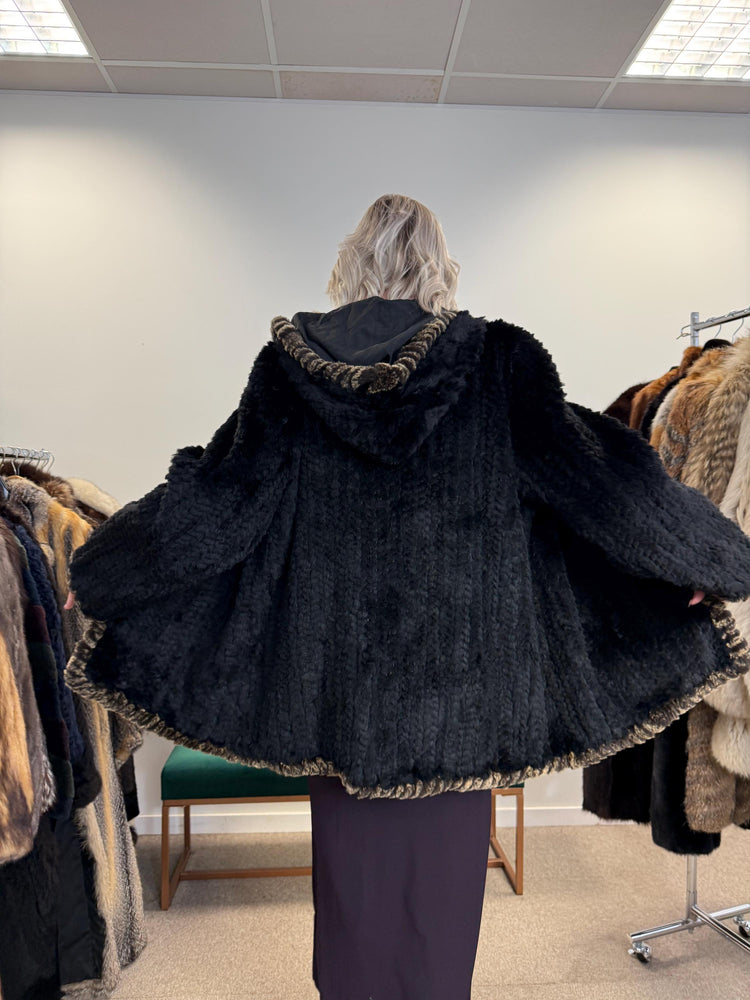 Sheared Rex Rabbit Fur Coat, Small Size, Black Rabbit Fur Coat, Hooded Rabbit Fur Coat, Vintage Fur Coat, Women's Fur Coat, Real Rabbit Fur