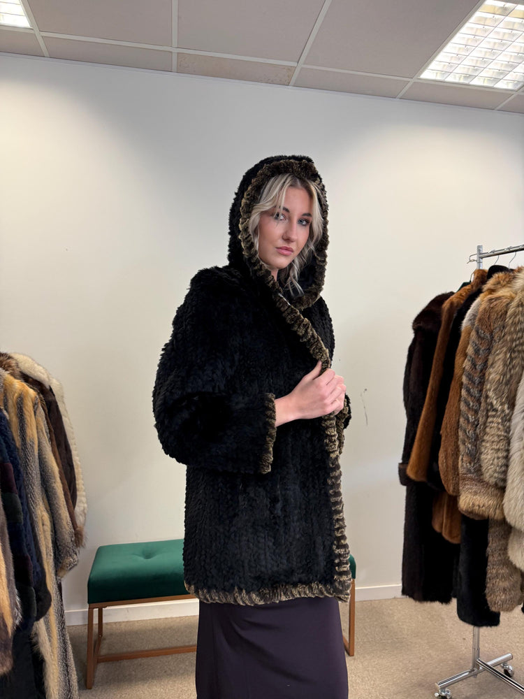 Sheared Rex Rabbit Fur Coat, Small Size, Black Rabbit Fur Coat, Hooded Rabbit Fur Coat, Vintage Fur Coat, Women's Fur Coat, Real Rabbit Fur