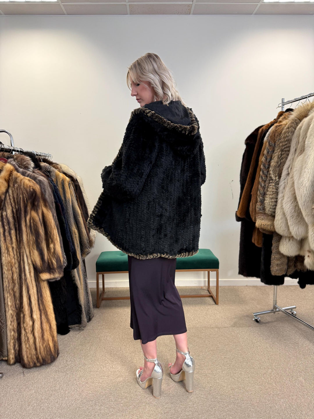 Sheared Rex Rabbit Fur Coat, Small Size, Black Rabbit Fur Coat, Hooded Rabbit Fur Coat, Vintage Fur Coat, Women's Fur Coat, Real Rabbit Fur