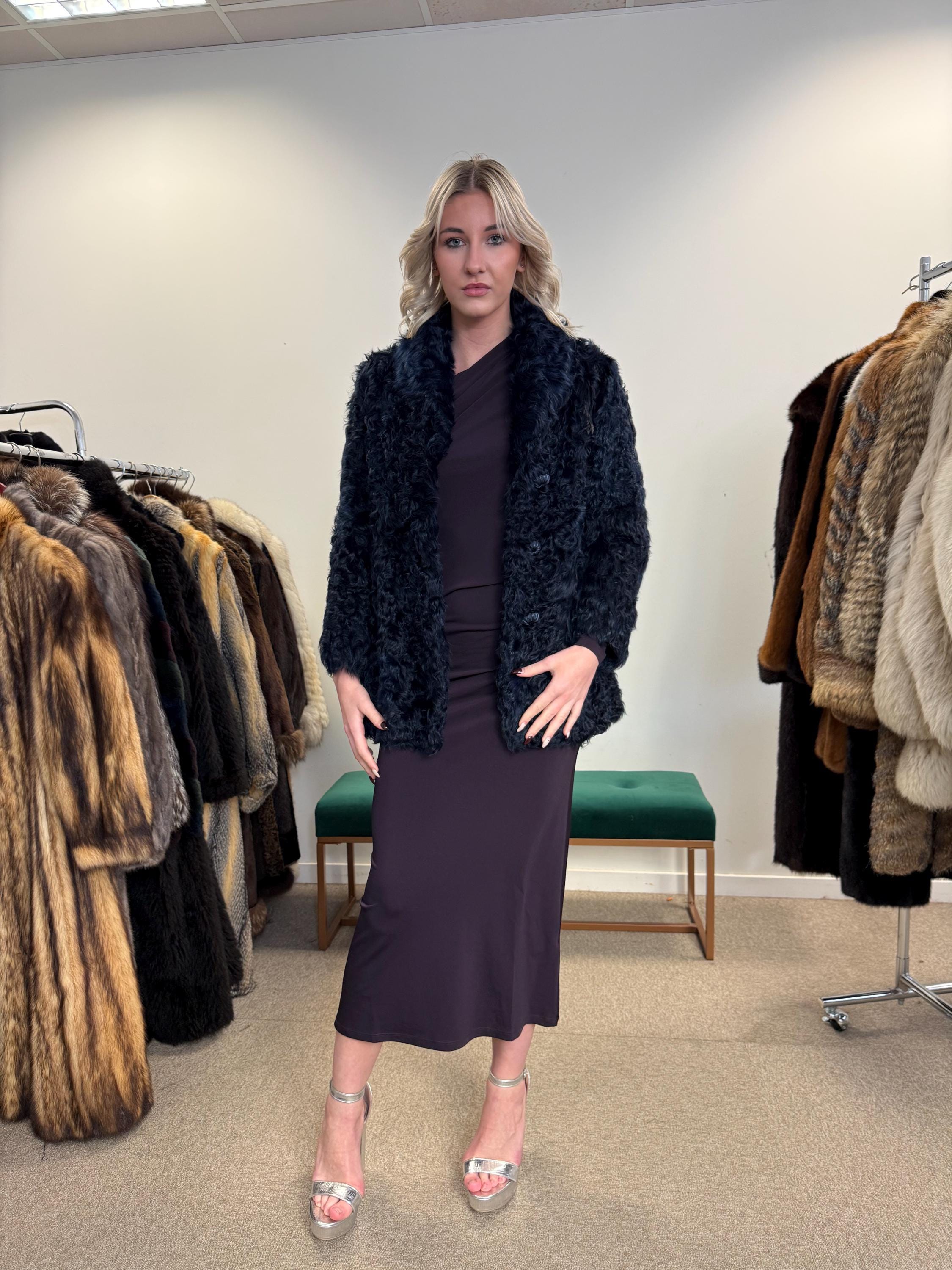 Curly Sheep Fur Jacket, Small Size, Dyed Blue Fur Jacket, Sheep Jacket, Real Fur Coat, Vintage Fur Jacket, Women's Fur Coat, Blue Fur Jacket