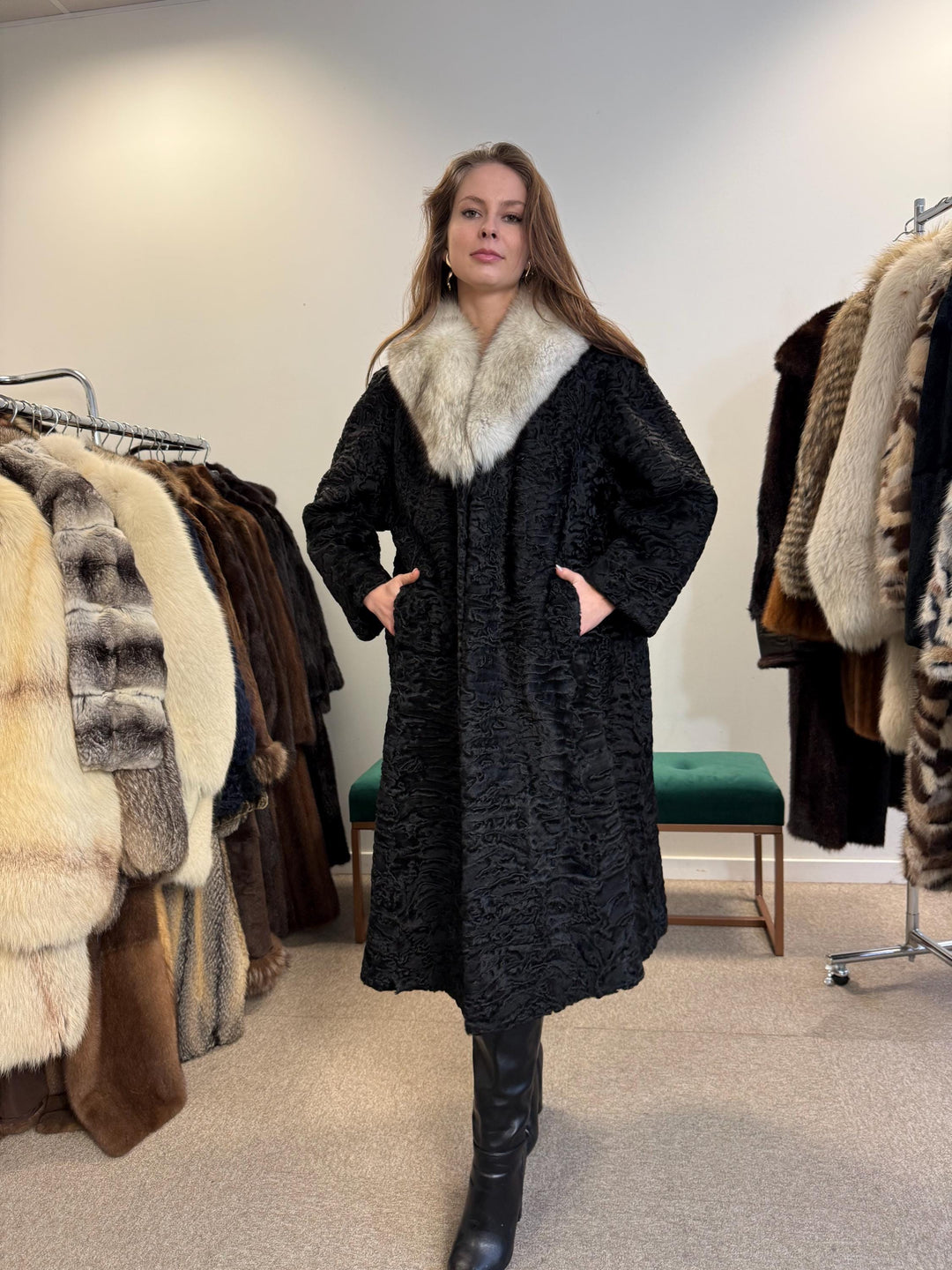 Black Astrakhan with Fox Fur Collar, Medium Size, Thick Fur Coat, Black Astrakhan Coat, Fox Collared Coat, Vintage Fur Coat
