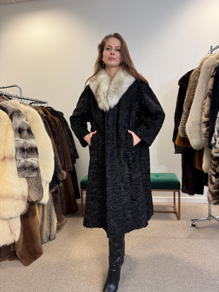 Black Astrakhan with Fox Fur Collar, Medium Size, Thick Fur Coat, Black Astrakhan Coat, Fox Collared Coat, Vintage Fur Coat