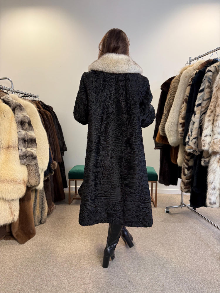 Black Astrakhan with Fox Fur Collar, Medium Size, Thick Fur Coat, Black Astrakhan Coat, Fox Collared Coat, Vintage Fur Coat