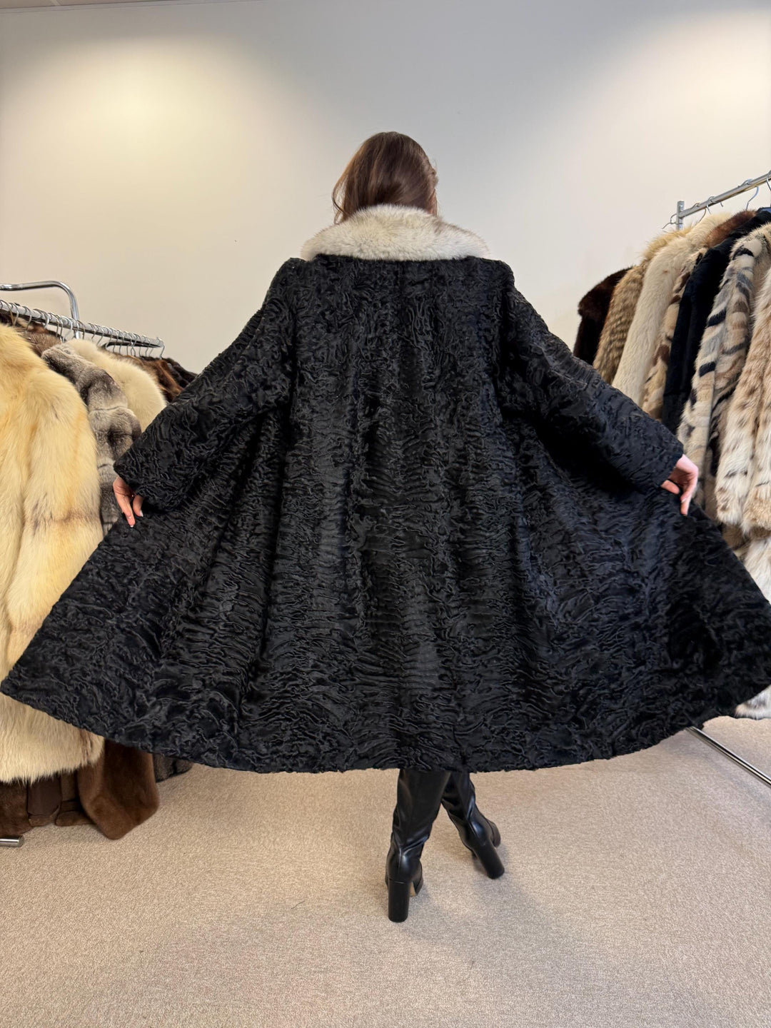 Black Astrakhan with Fox Fur Collar, Medium Size, Thick Fur Coat, Black Astrakhan Coat, Fox Collared Coat, Vintage Fur Coat