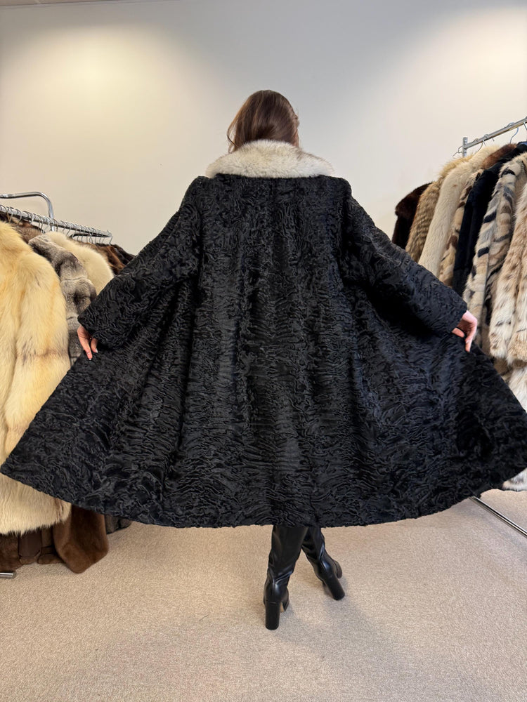 Black Astrakhan with Fox Fur Collar, Medium Size, Thick Fur Coat, Black Astrakhan Coat, Fox Collared Coat, Vintage Fur Coat