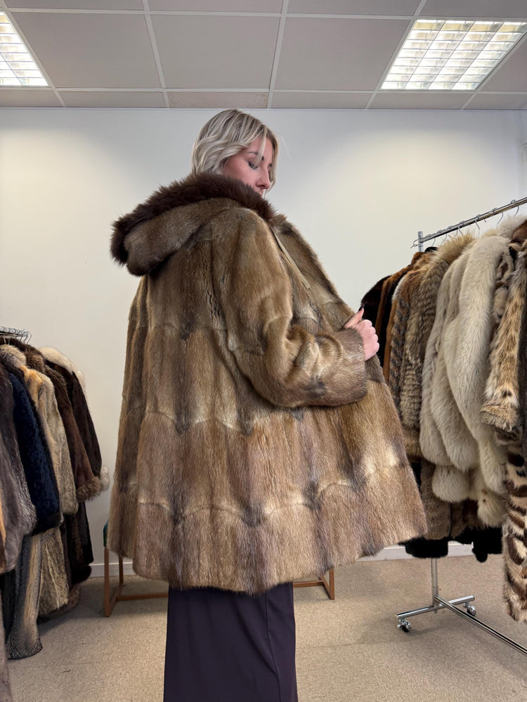 Muskrat Fur Coat, Hooded Muskrat Coat, Medium Size, Vintage Fur Coat, Soft Muskrat Coat, Brown Fur Coat, Women's Fur Coat, Real Muskrat Fur