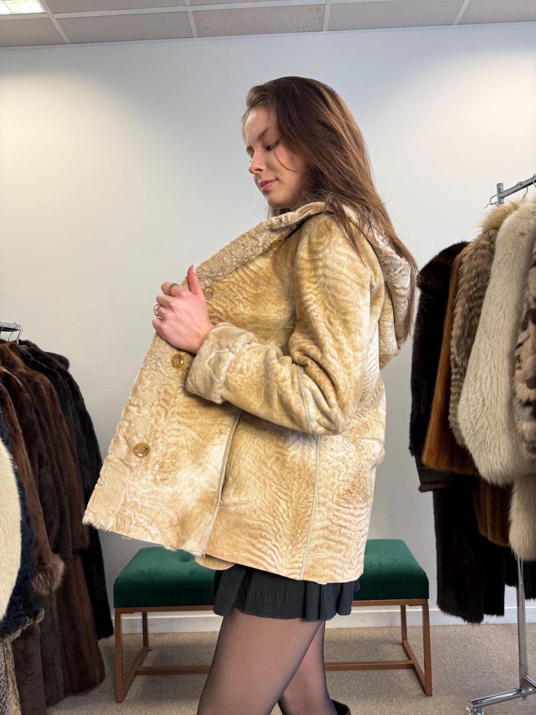 Double Sided Astrakhan Leather Jacket, XS Size, Golden Fur Coat, Real Fur Jacket, Vintage Fur Coat, Astrakhan Leather Jacket, Hooded Coat