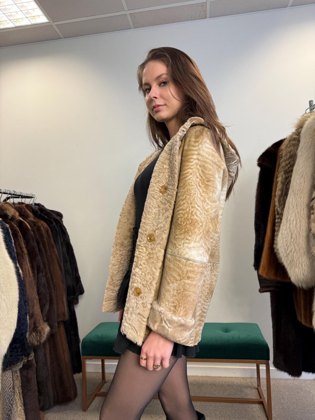 Double Sided Astrakhan Leather Jacket, XS Size, Golden Fur Coat, Real Fur Jacket, Vintage Fur Coat, Astrakhan Leather Jacket, Hooded Coat