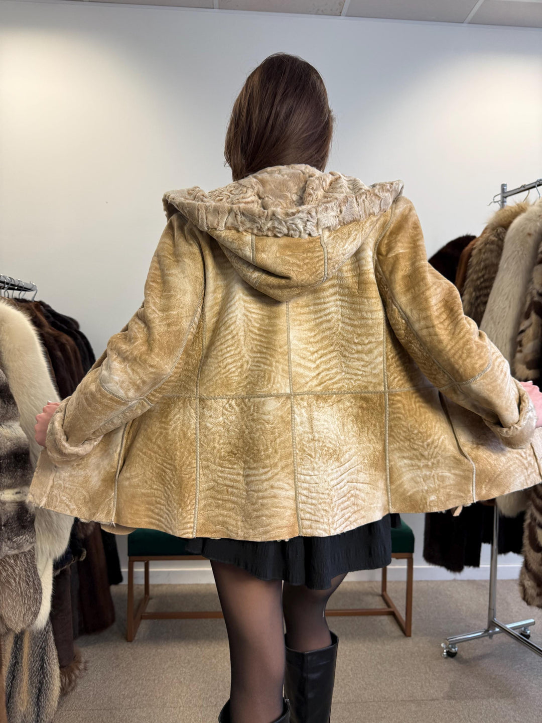 Double Sided Astrakhan Leather Jacket, XS Size, Golden Fur Coat, Real Fur Jacket, Vintage Fur Coat, Astrakhan Leather Jacket, Hooded Coat