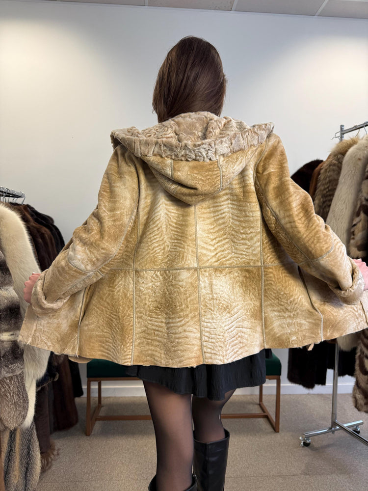Double Sided Astrakhan Leather Jacket, XS Size, Golden Fur Coat, Real Fur Jacket, Vintage Fur Coat, Astrakhan Leather Jacket, Hooded Coat