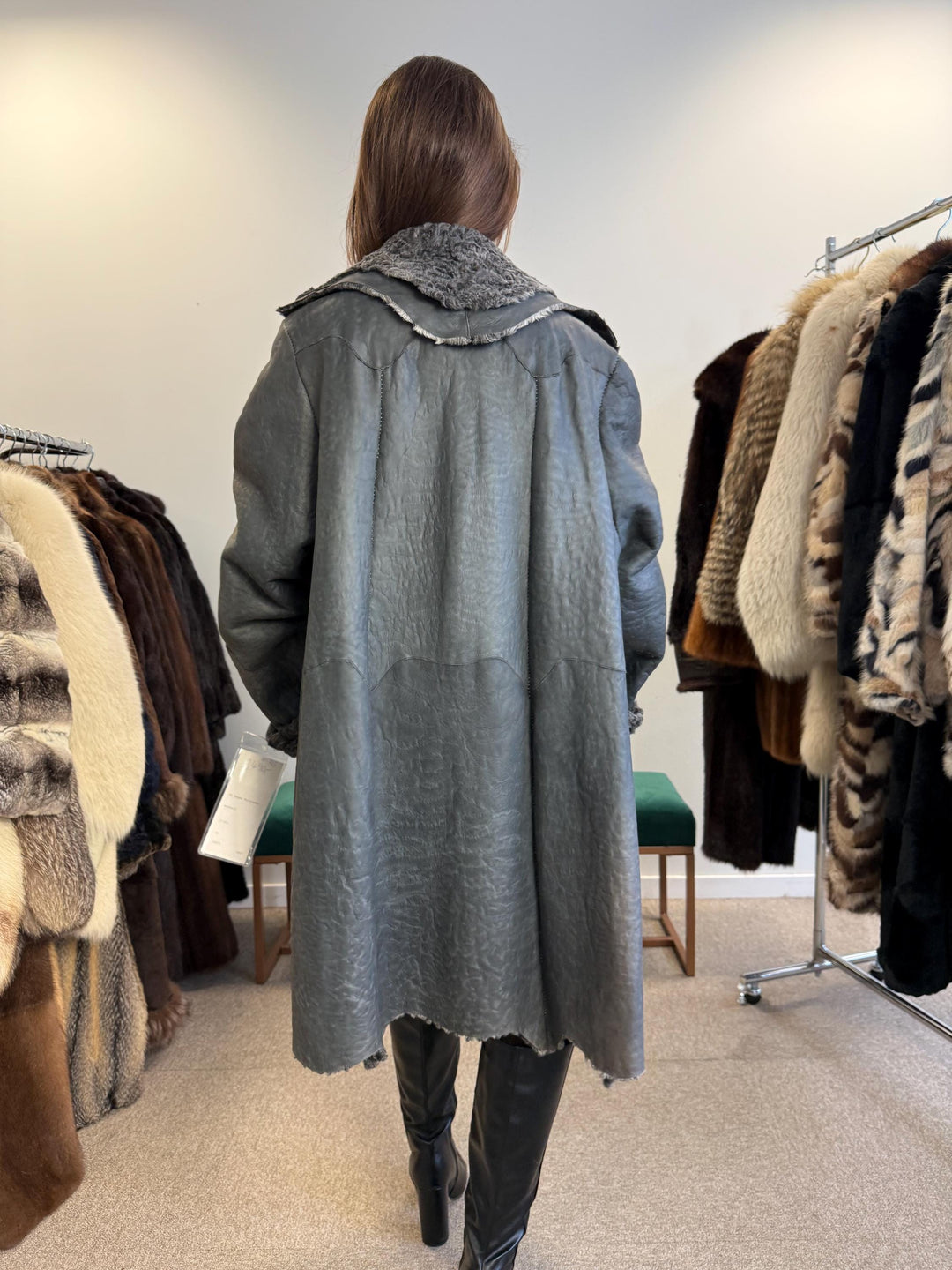 New Persian Swakara Coat, Grey Astrakhan Coat, Medium Size, Double Sided Fur Coat, Grey Fur Coat, Astrakhan Fur Coat, Fur Leather Coat