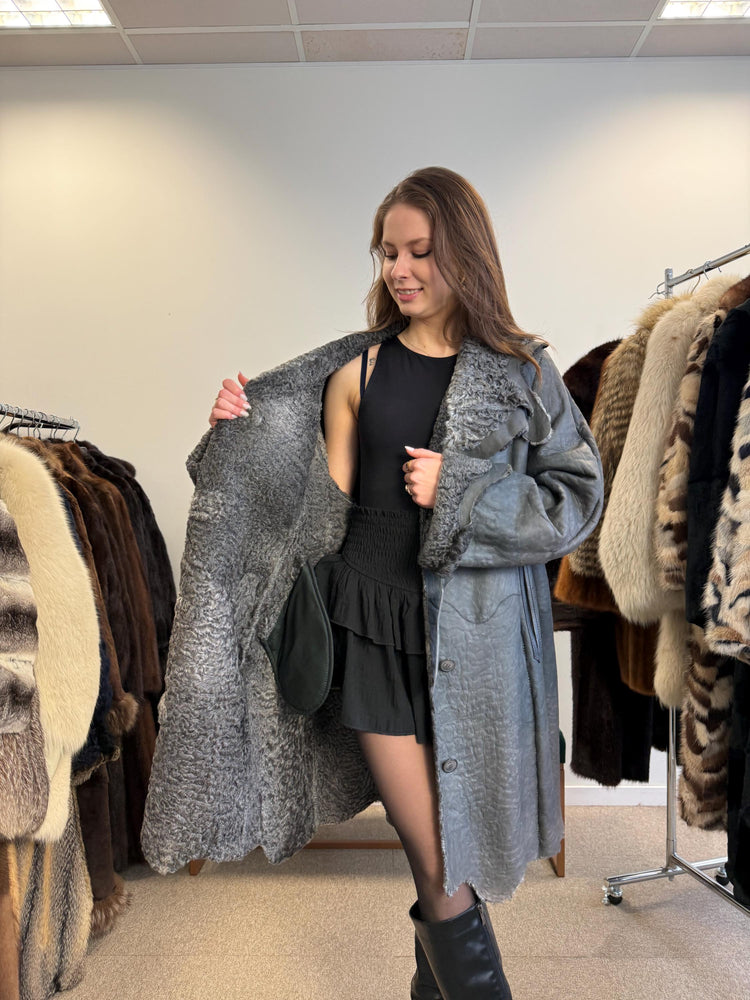 New Persian Swakara Coat, Grey Astrakhan Coat, Medium Size, Double Sided Fur Coat, Grey Fur Coat, Astrakhan Fur Coat, Fur Leather Coat