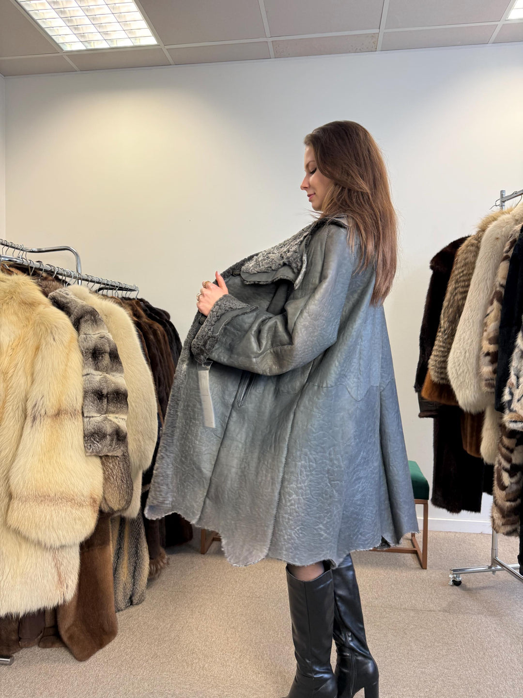 New Persian Swakara Coat, Grey Astrakhan Coat, Medium Size, Double Sided Fur Coat, Grey Fur Coat, Astrakhan Fur Coat, Fur Leather Coat